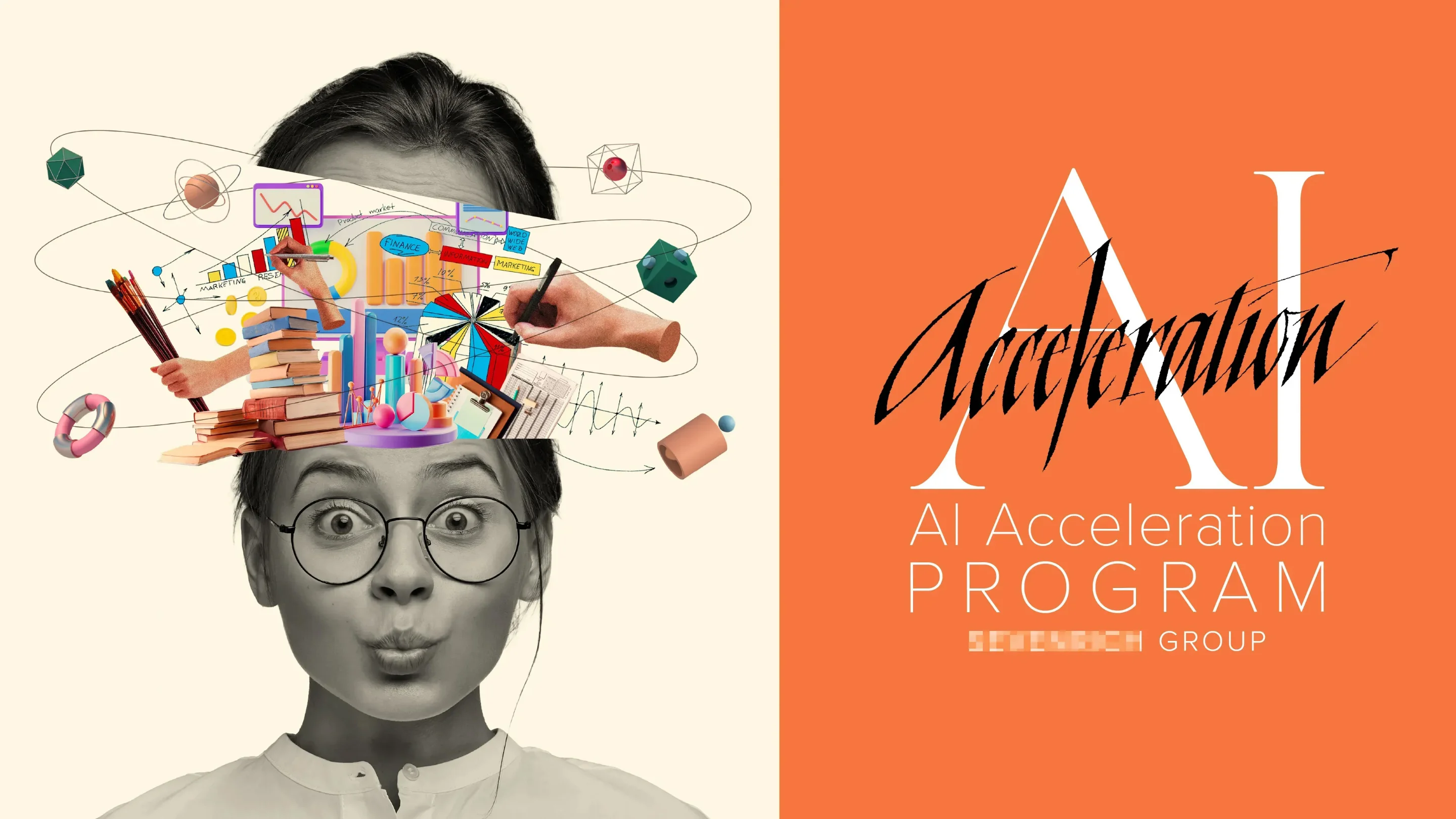 女性の頭から様々なタスクが溢れ出すキービジュアル AI Acceleration PROGRAM画像